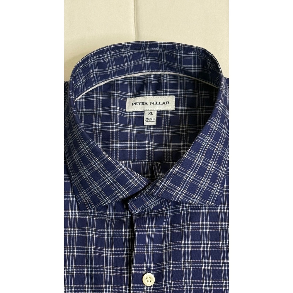 Peter Millar Mens XL Navy Blue White Plaid Long Sleeve Button Down Shirt